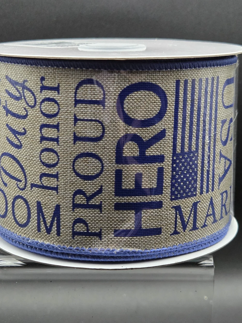 Patriotic Marines 'Hero' Wired Burlap Ribbon in Blue and Natural 10 Yards NWT
